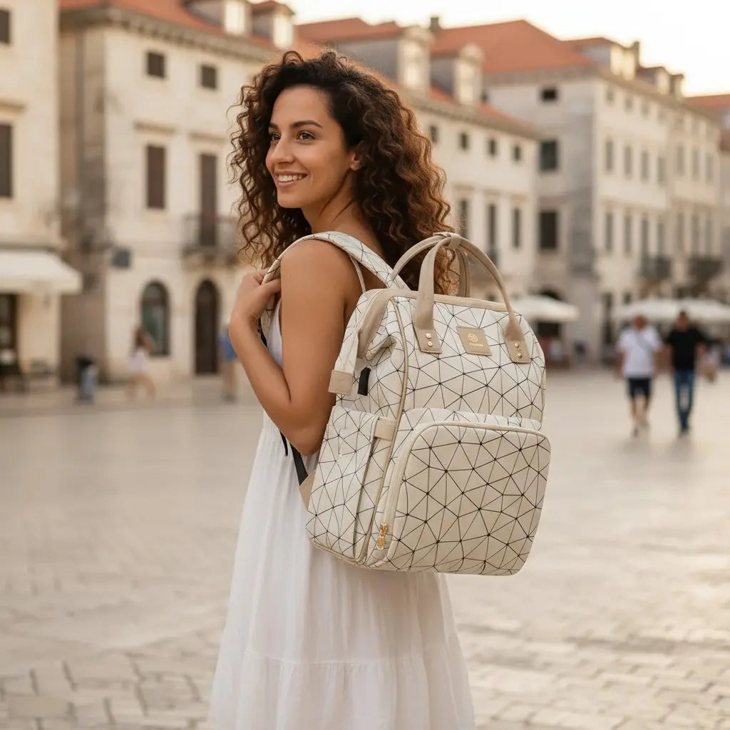 sac à dos à langer grande capacité beige avec port USB porté par une femme marchant en ville