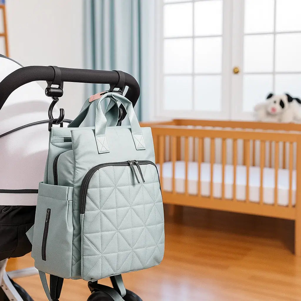 Sac à dos à langer gris fixé sur poussette avec système d’attache