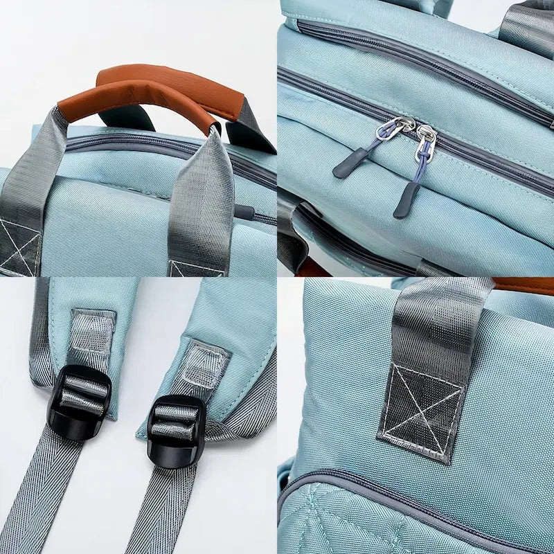 Détails du sac à dos à langer gris clair avec bretelles renforcées et fermeture zippée