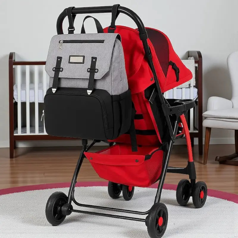 Sac à dos à langer gris et noir fixé à une poussette rouge