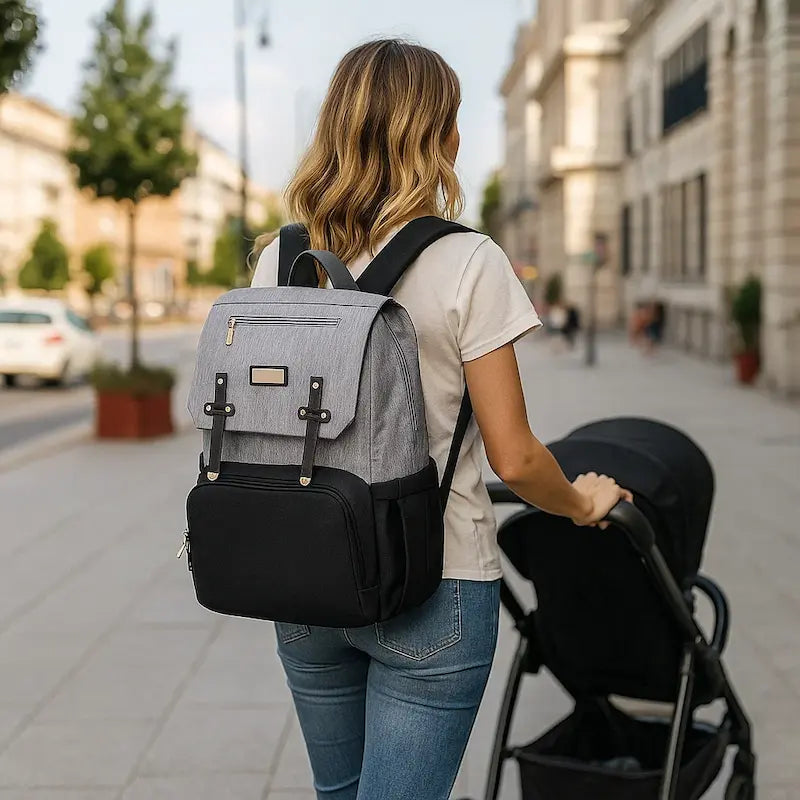 Sac à dos à langer gris et noir porté par une femme poussant une poussette