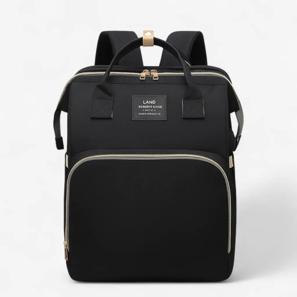 Sac à dos à langer noir avec lit intégré, vue de face