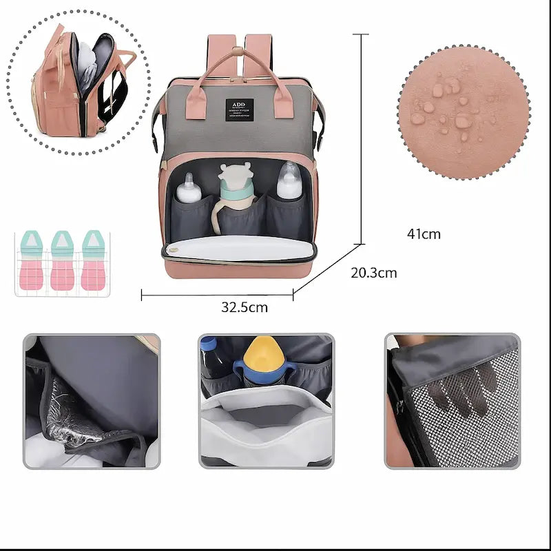 Sac à dos à langer rose et gris avec dimensions et poches isothermes visible