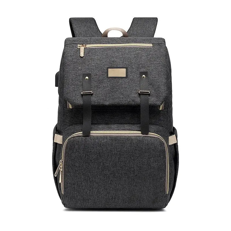 Sac à dos à langer USB anthracite avec attaches avant et poche spacieuse