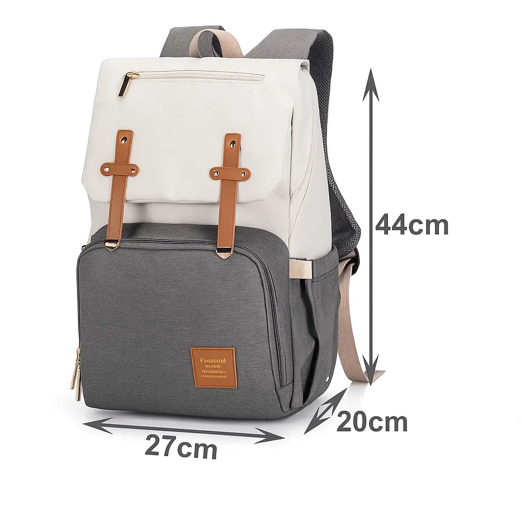 Dimensions du sac à dos à langer USB gris et beige : 44 cm x 27 cm x 20 cm