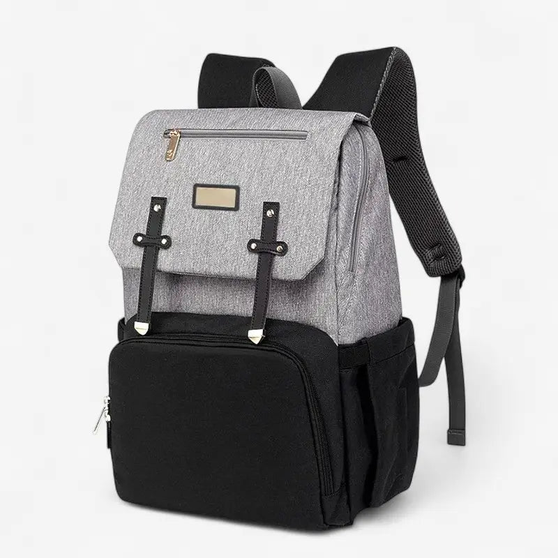 Sac à dos à langer USB gris clair et noir avec rabat avant et poches zippées