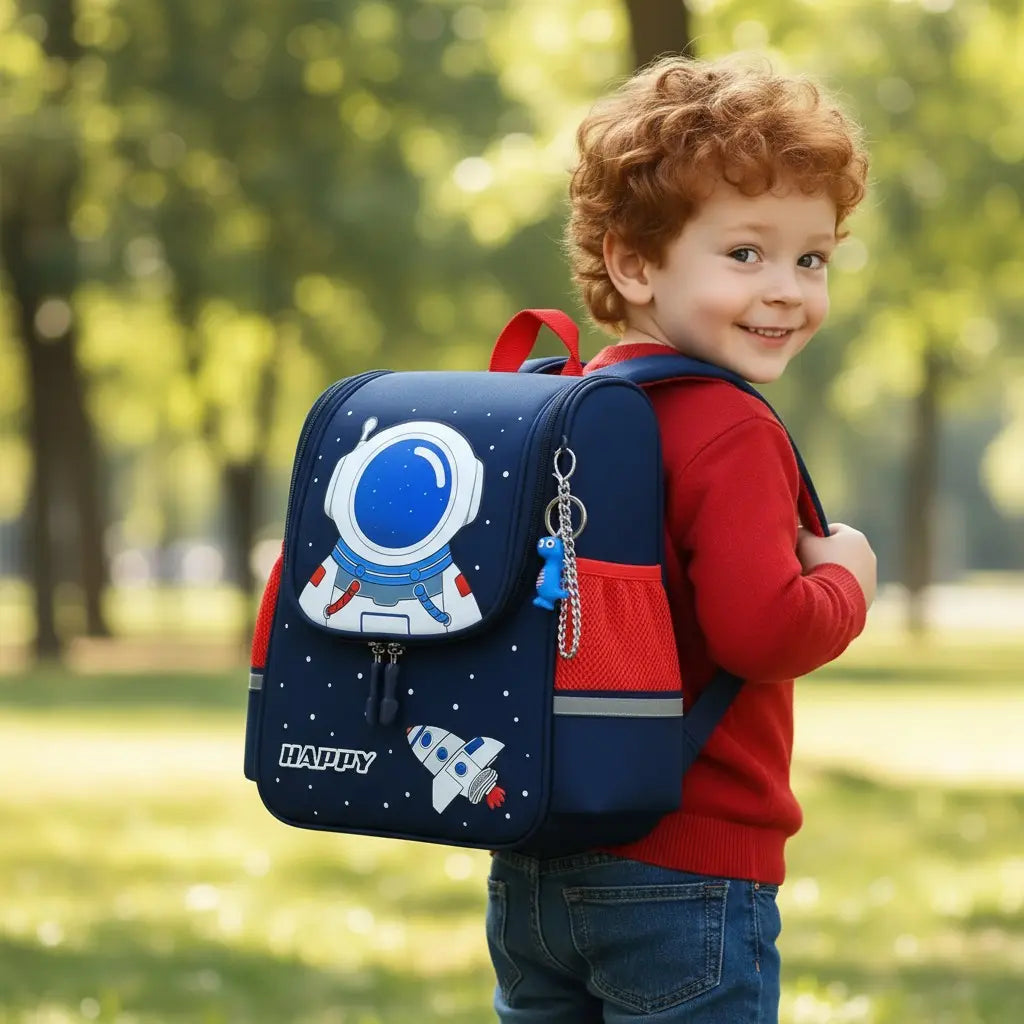 Petit garçon portant un sac à dos bleu foncé motif astronaute et fusée dans un parc.