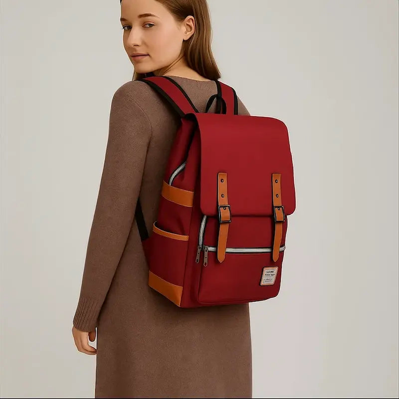 Sac à dos bordeaux  pour lycée ou travail avec sangles décoratives porté sur le dos par une lycéenne.