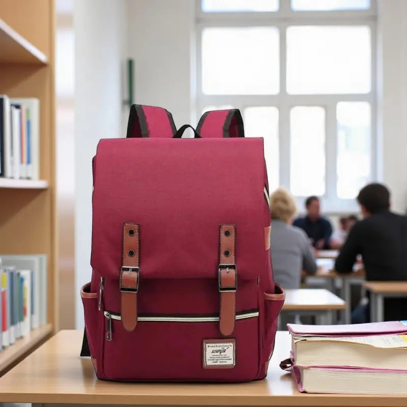 Sac à dos lycéen en toile et simili cuir posé sur une table dans une salle de classe scolaire.