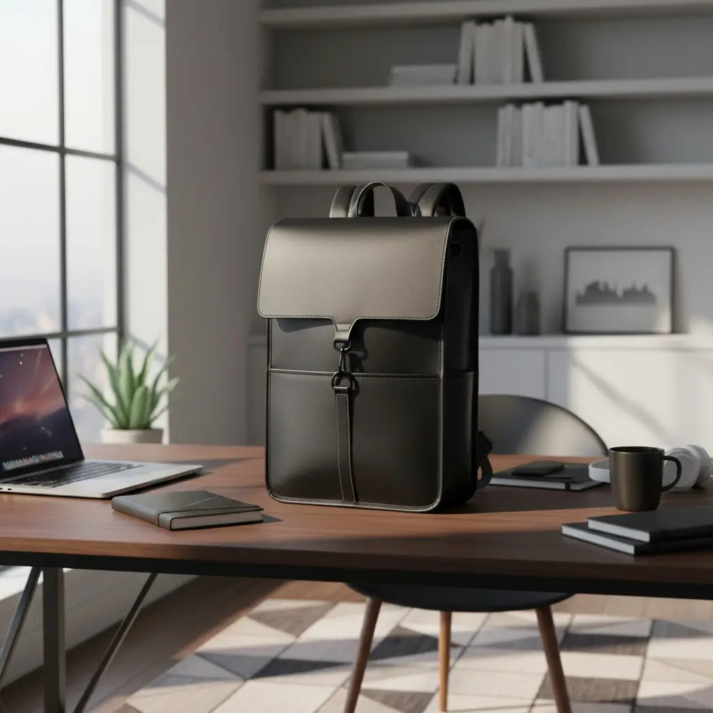 Sac à dos business homme noir et vert dans un bureau moderne avec espace ordinateur portable