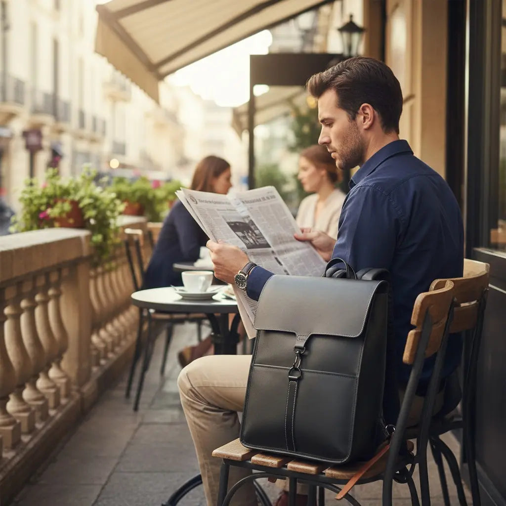 Sac à dos business homme imperméable posé près d’un espace café pour ordinateur portable et travail quotidien