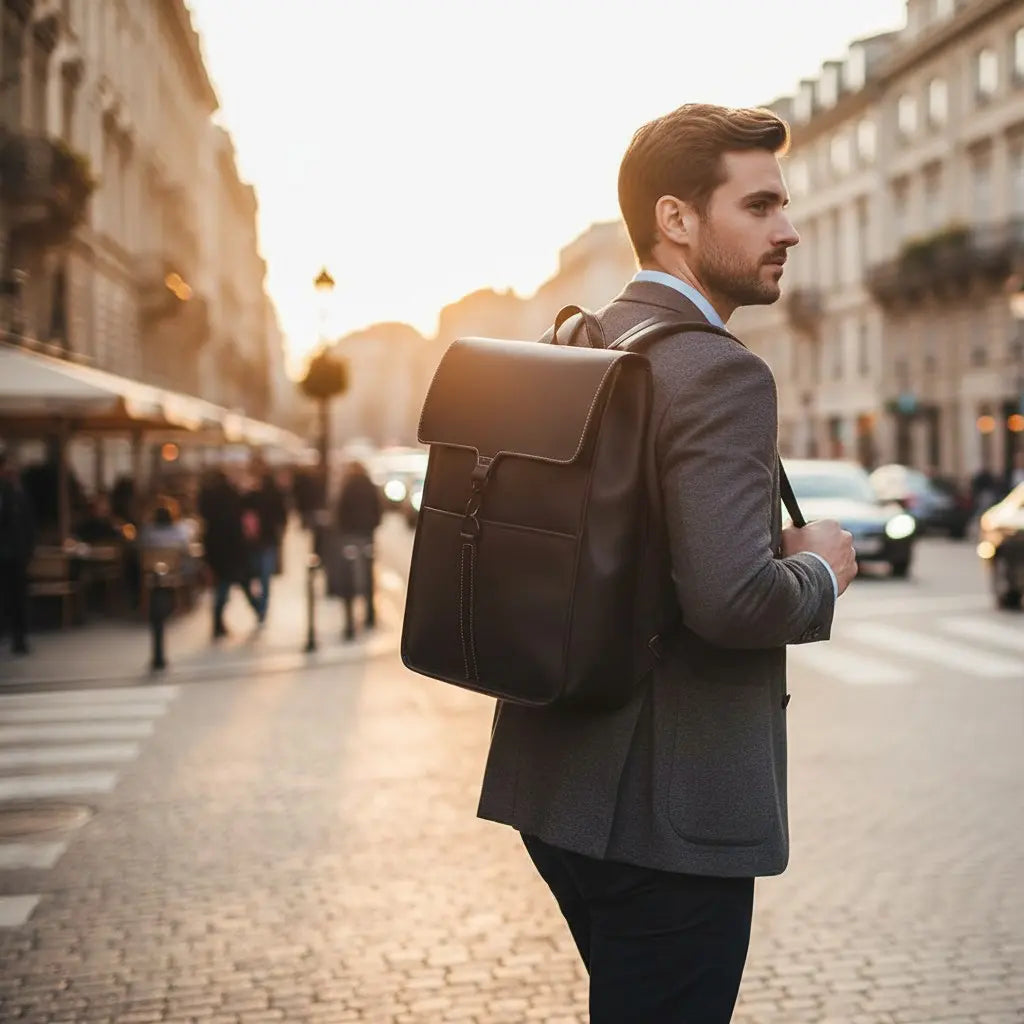 Homme portant un sac à dos business homme grande capacité noir et vert dans une rue de ville