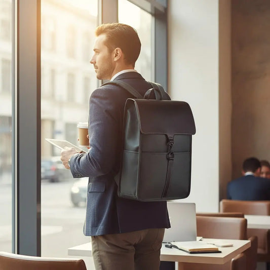 Homme portant un sac à dos business noir imperméable avec rabat minimaliste dans un environnement de bureau moderne