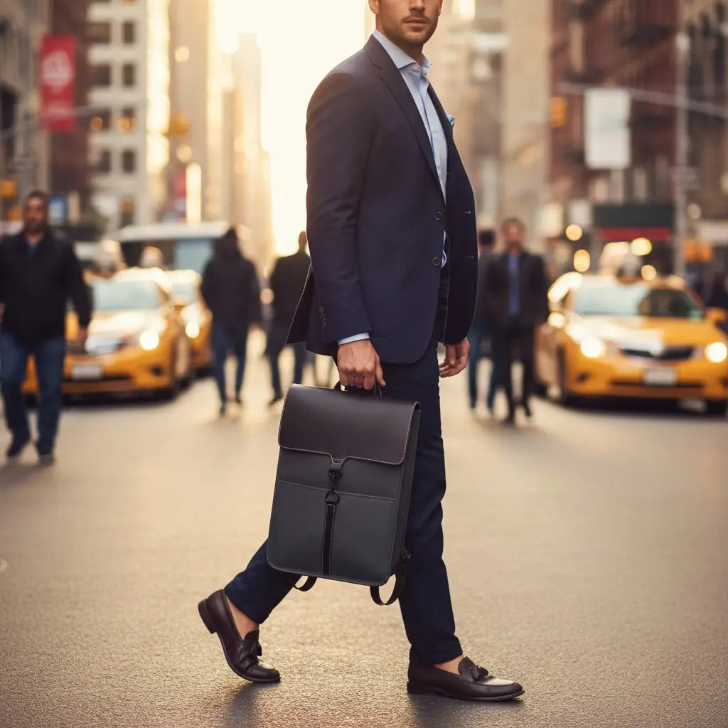 Sac à dos business homme noir porté à la main dans une rue urbaine pour déplacements professionnels