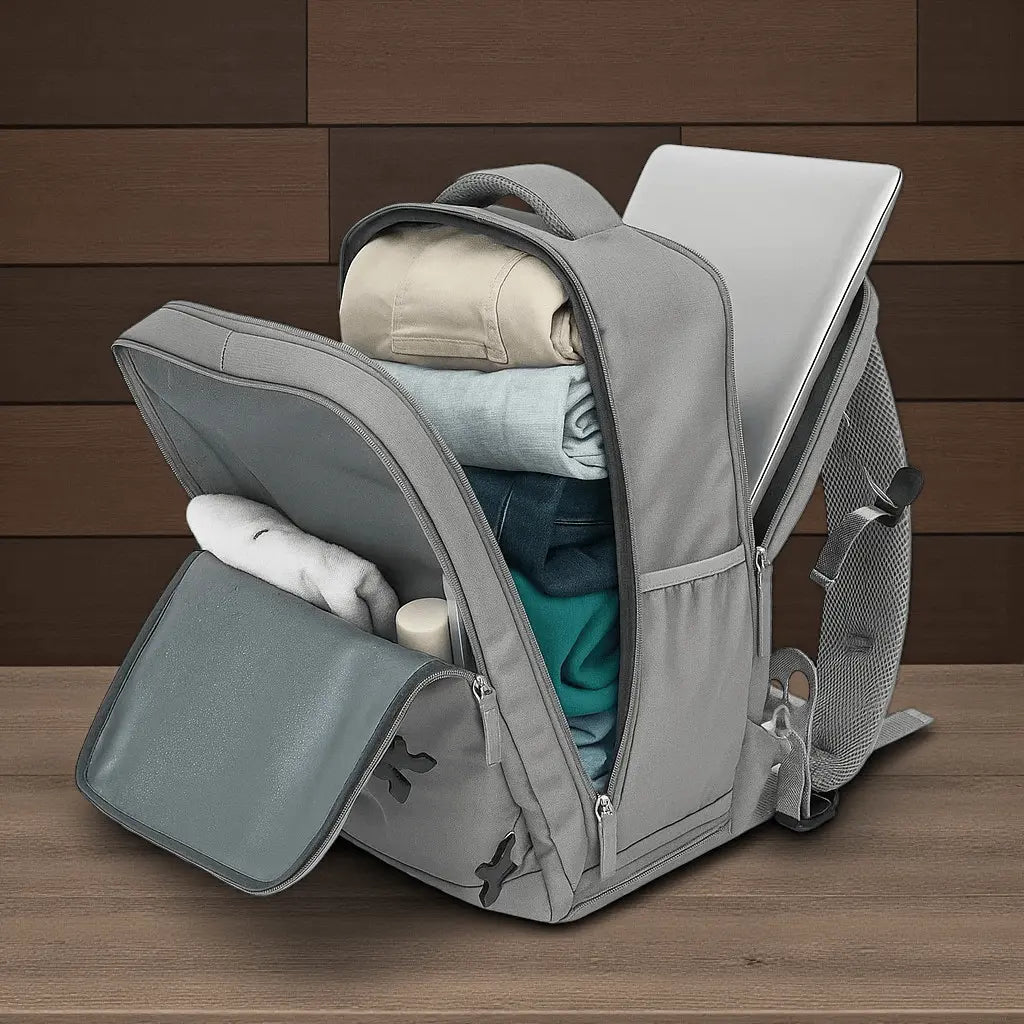 Sac à dos cabine avion gris ouvert avec rangement pour vêtements et compartiment chaussures