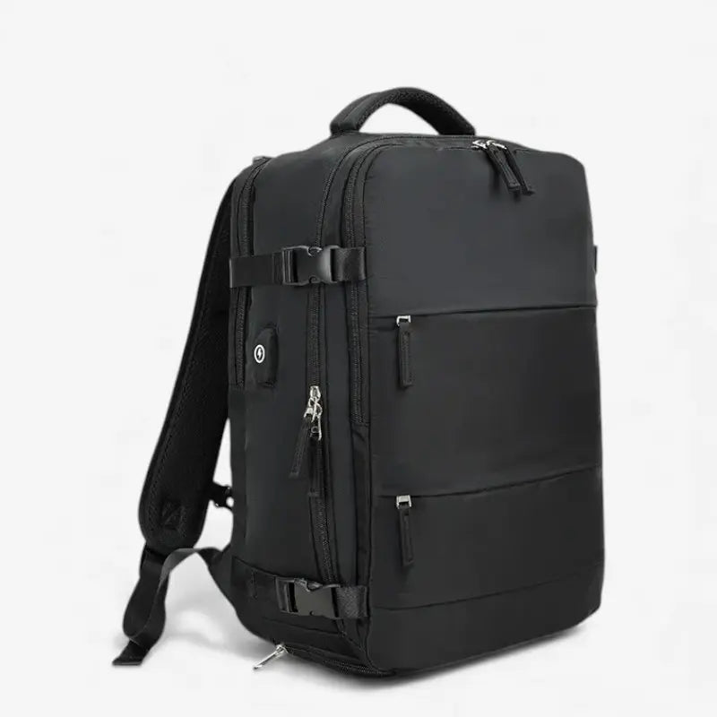 Vue latérale du sac à dos cabine avion noir au design minimaliste avec sangles de compression