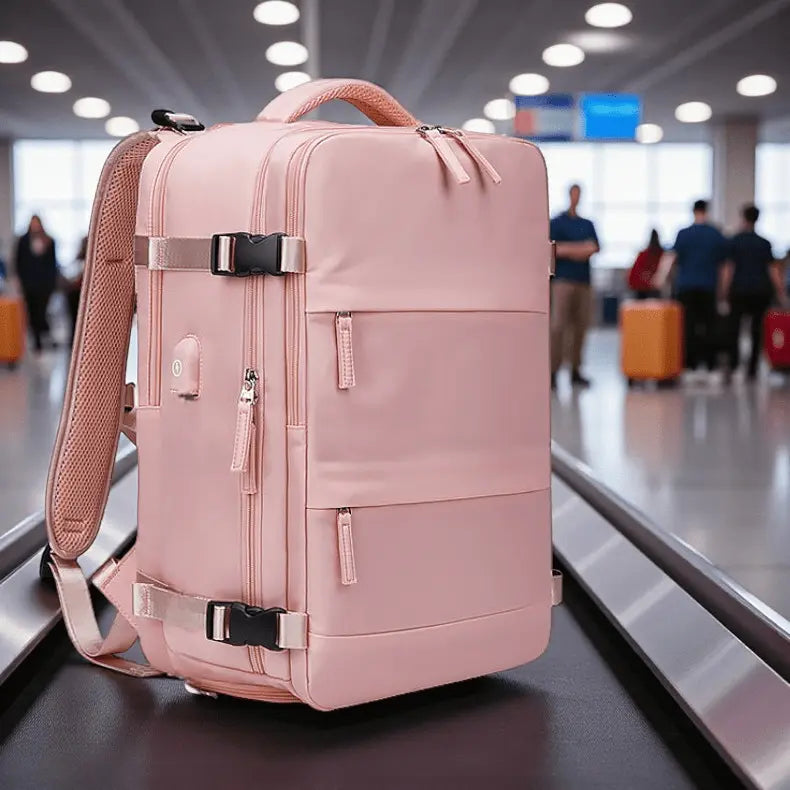 Vue avant du sac à dos cabine avion rose posé dans un terminal d’aéroport, format compact adapté au voyage