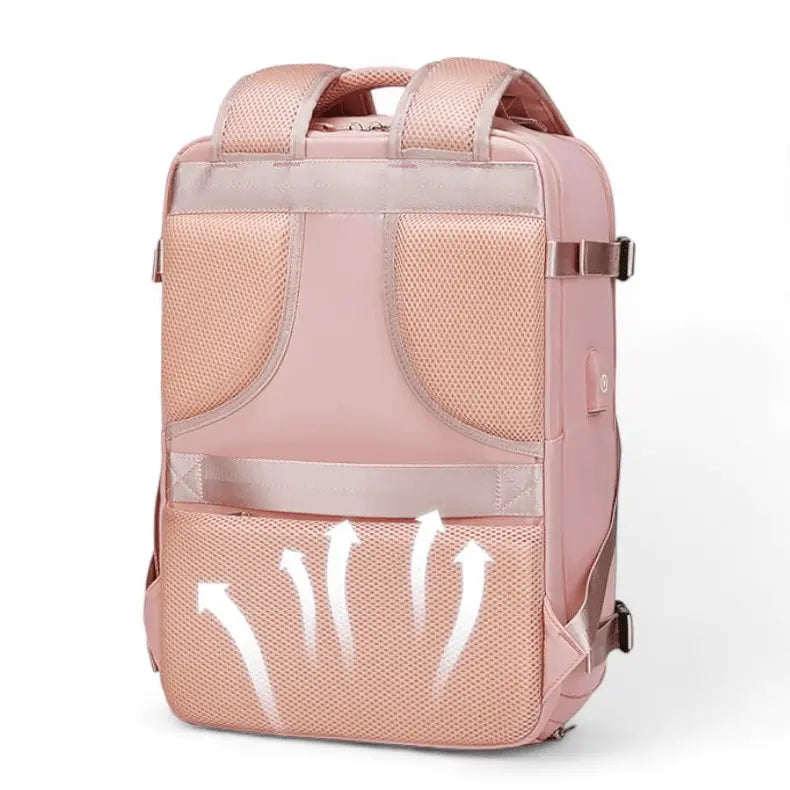 Vue arrière du sac à dos cabine avion rose avec dos rembourré et bretelles ergonomiques