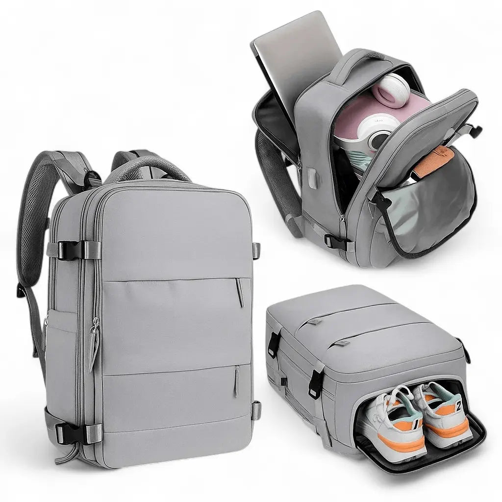 Sac à dos cabine avion gris avec port USB et compartiment chaussures