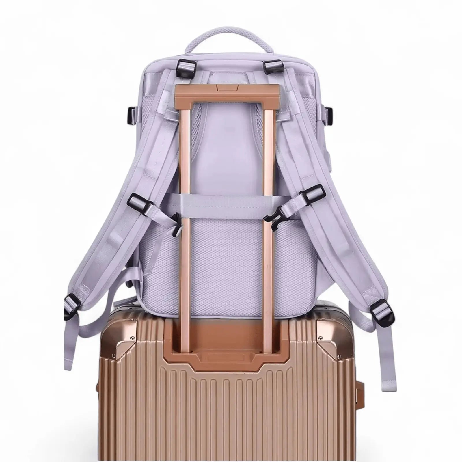 Sac cabine avion violet fixé sur une valise avec détails des poches