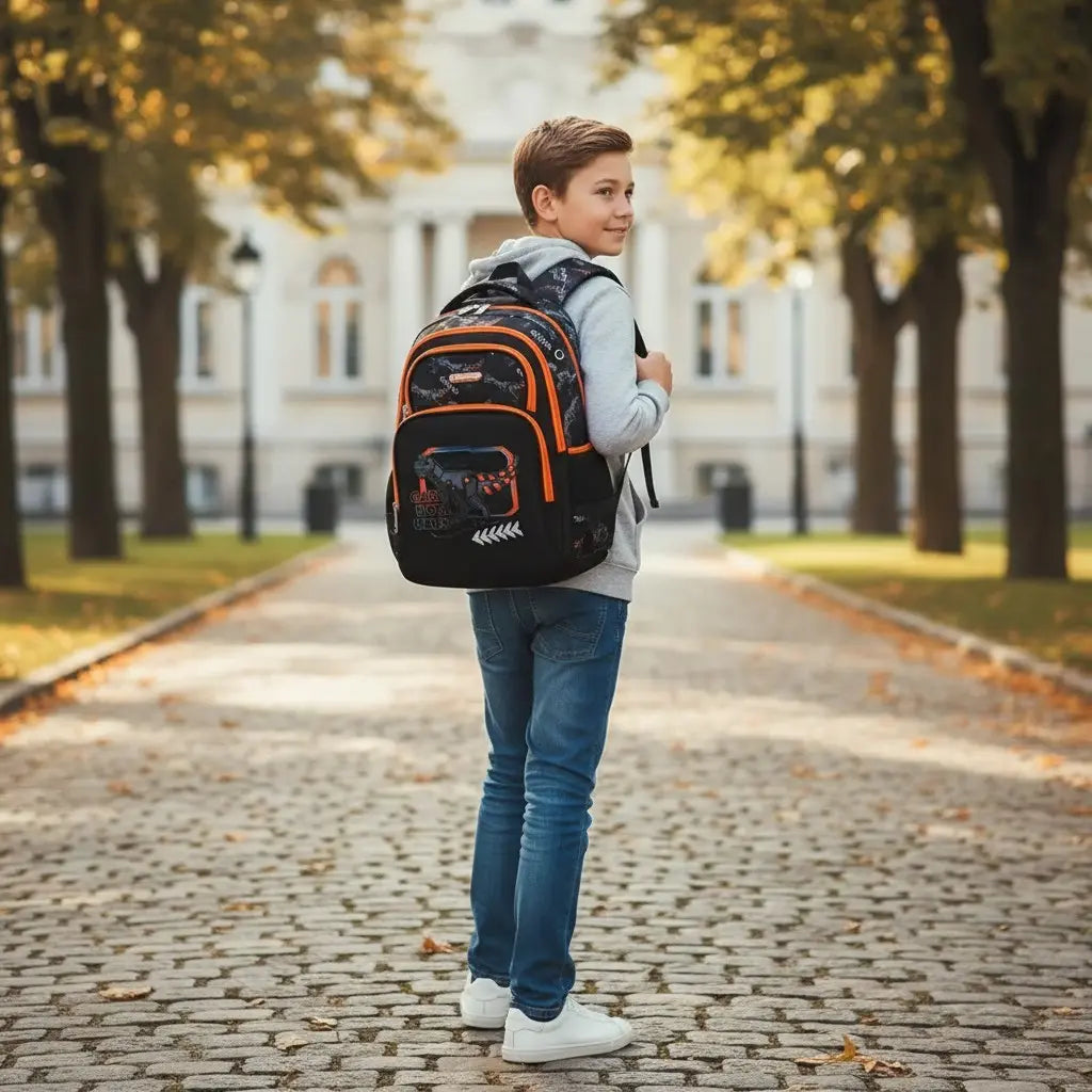 Garçon portant un sac à dos ergonomique Carnotaurus noir devant une école