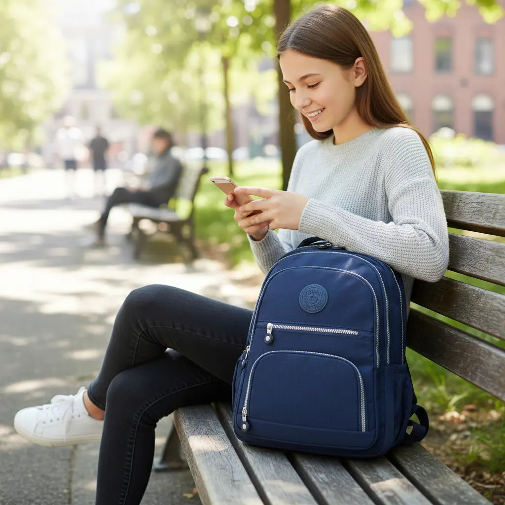 Sac à dos scolaire bleu marine porté assise sur un banc en extérieur