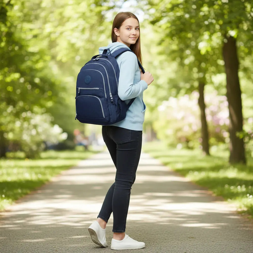 Sac à dos collège bleu marine grande capacité porté en extérieur