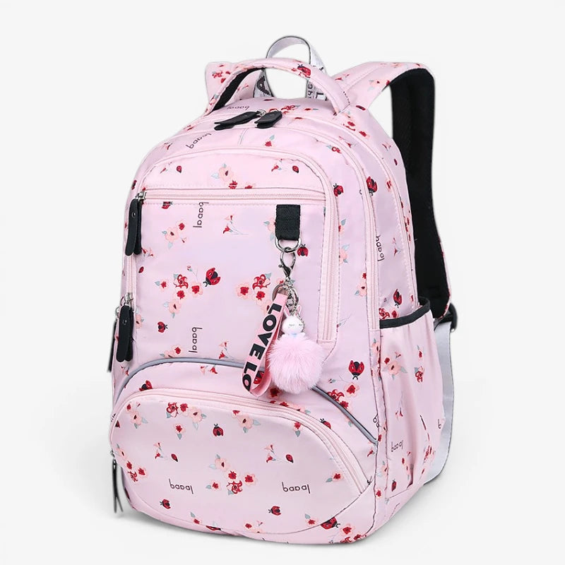 Sac à dos collège ergonomique rose à fleurs avec multiples compartiments zippés