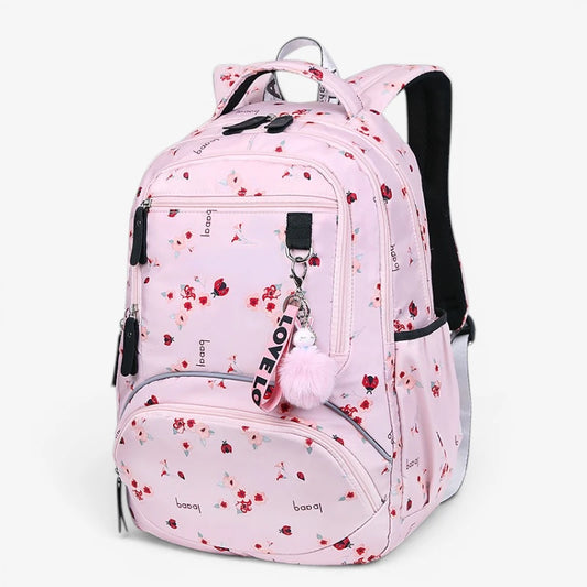 Sac à dos collège ergonomique rose à fleurs avec multiples compartiments zippés