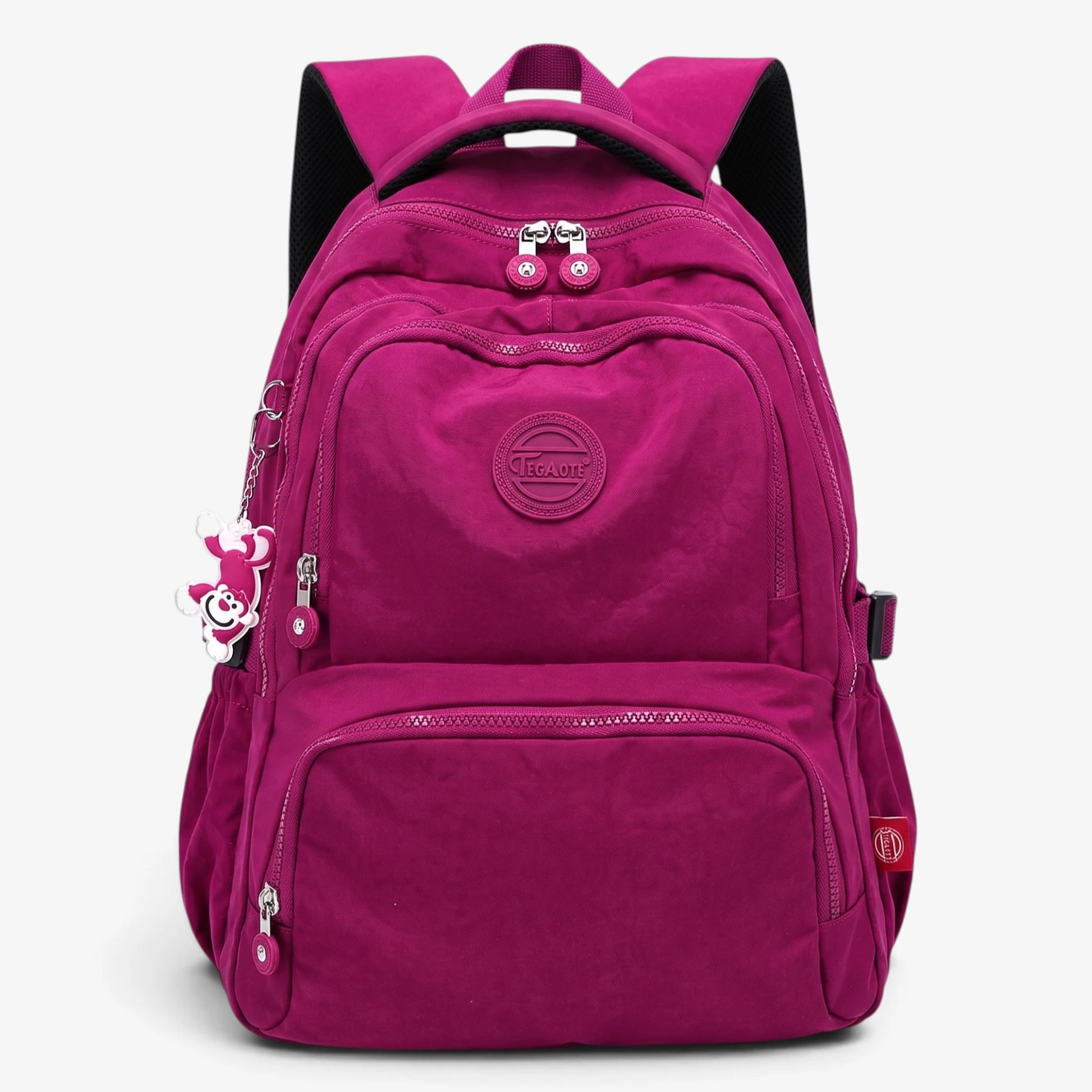 Sac à dos collège fille fuchsia grande capacité en nylon imperméable avec multiples poches zippées