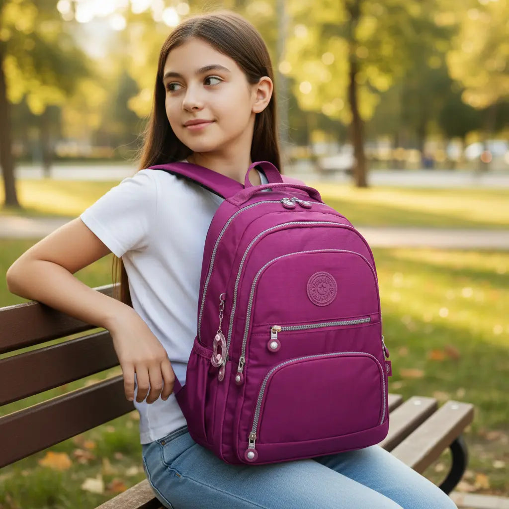 Sac à dos collège fille fuchsia porté assise sur un banc en extérieur