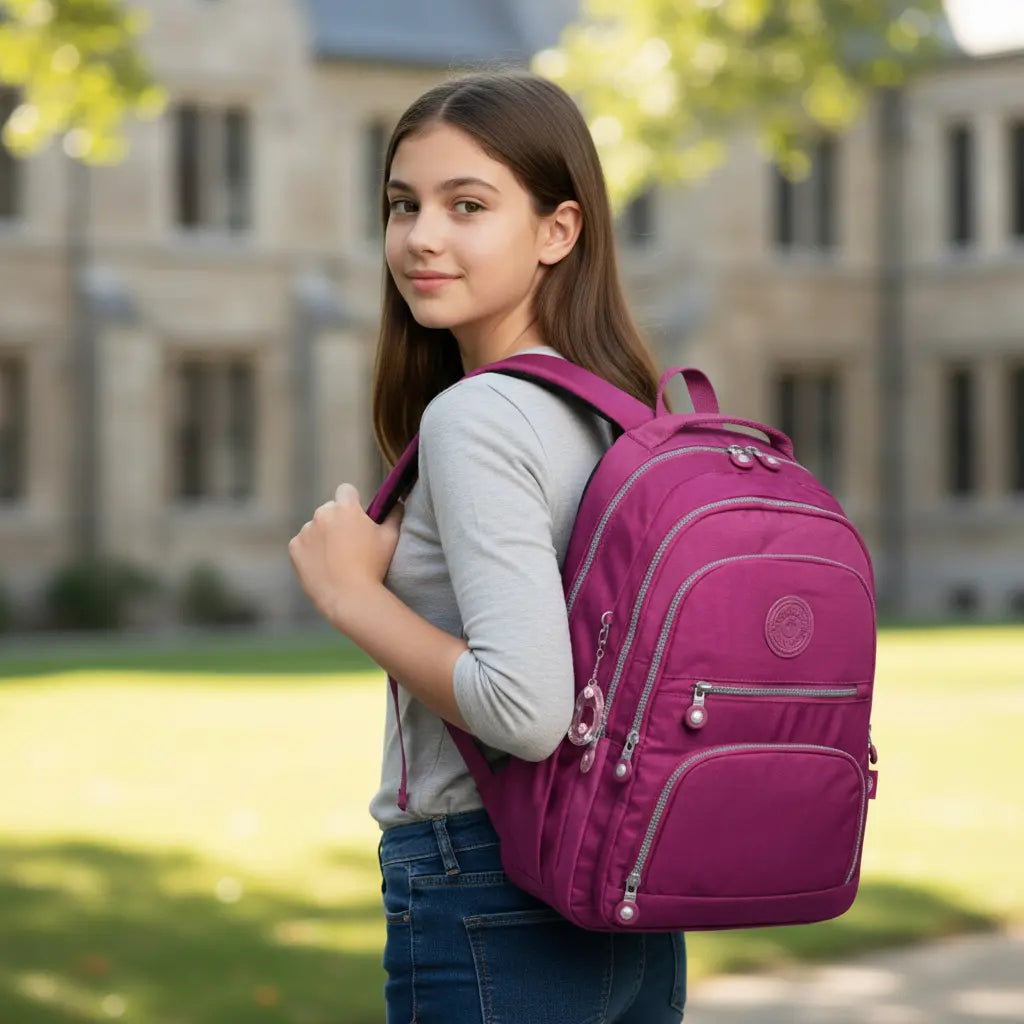 Sac à dos collège fille fuchsia grande capacité porté en extérieur