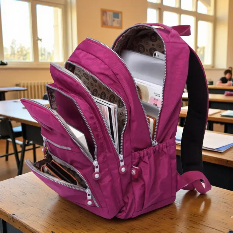 Sac à dos scolaire fille fuchsia ouvert avec livres et cahiers en salle de classe