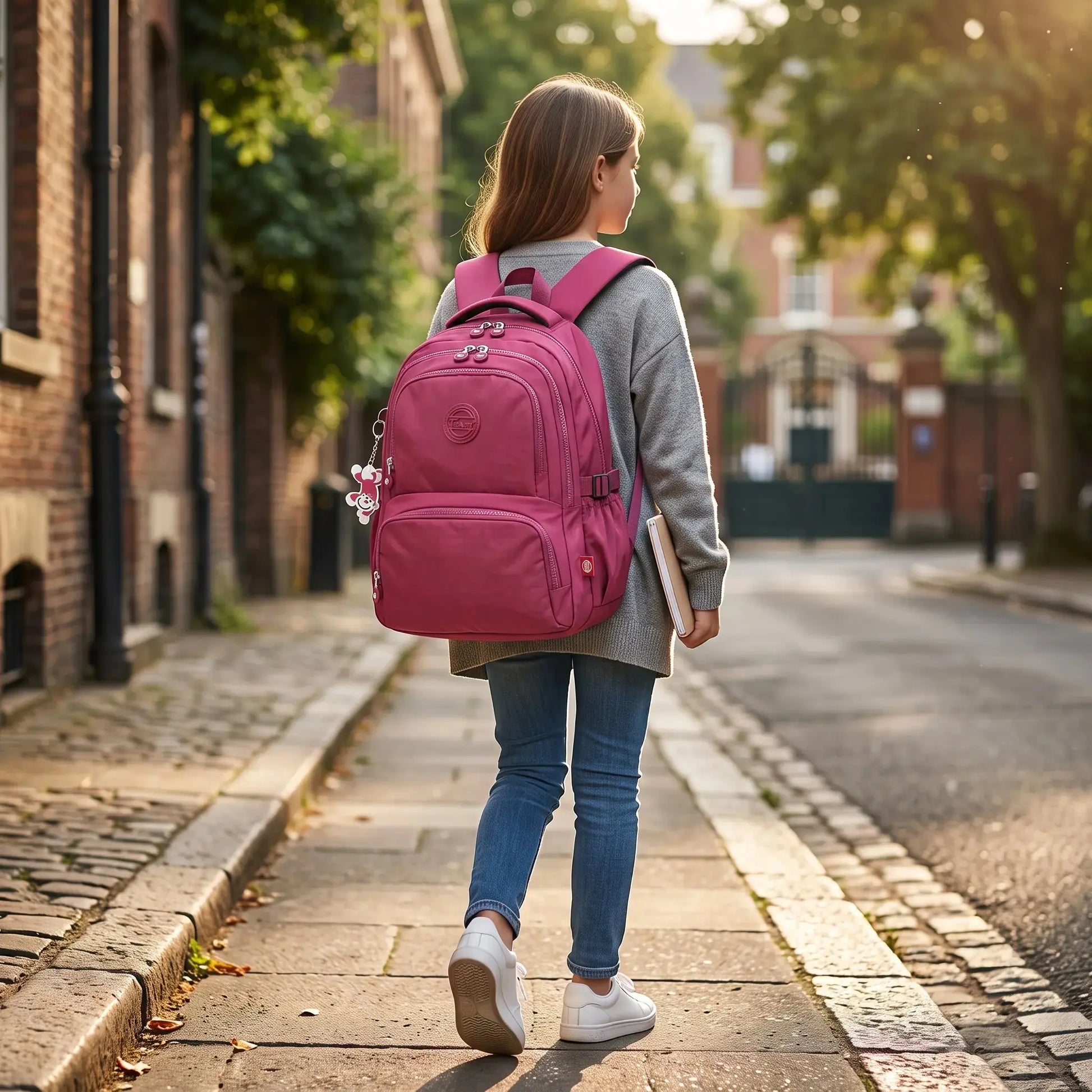 Sac à dos collège fille fushia porté sur le dos lors du trajet vers l'école