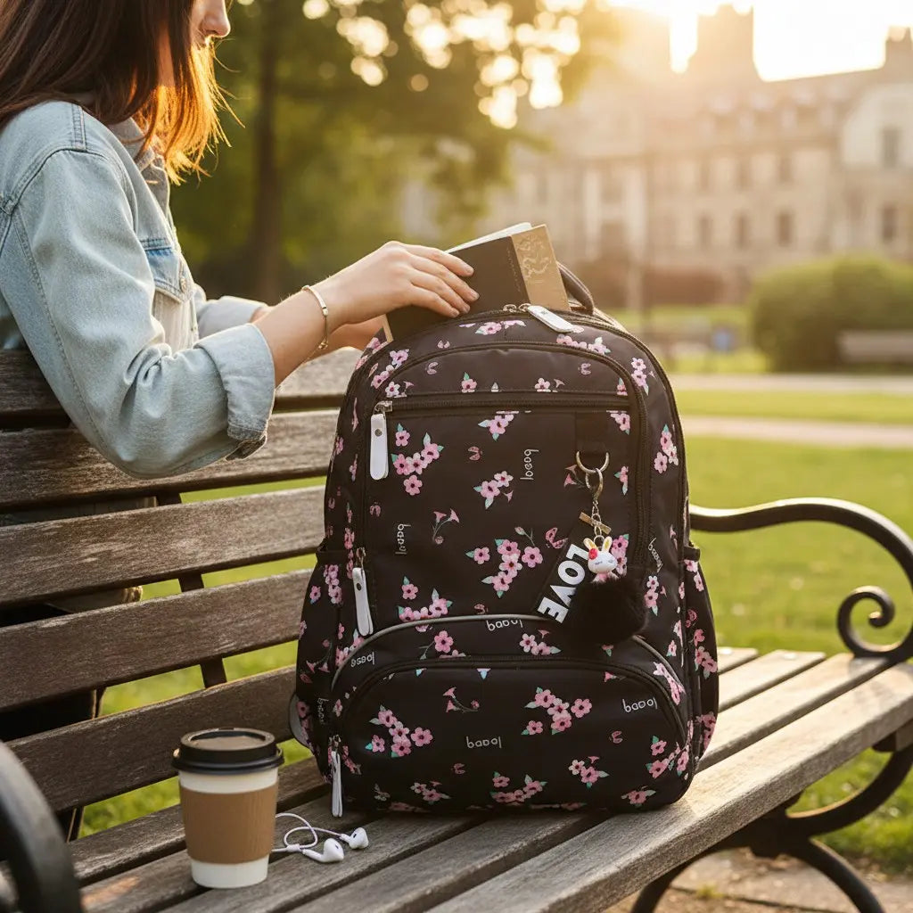 Sac à dos ergonomique noir à fleurs posé sur un banc extérieur