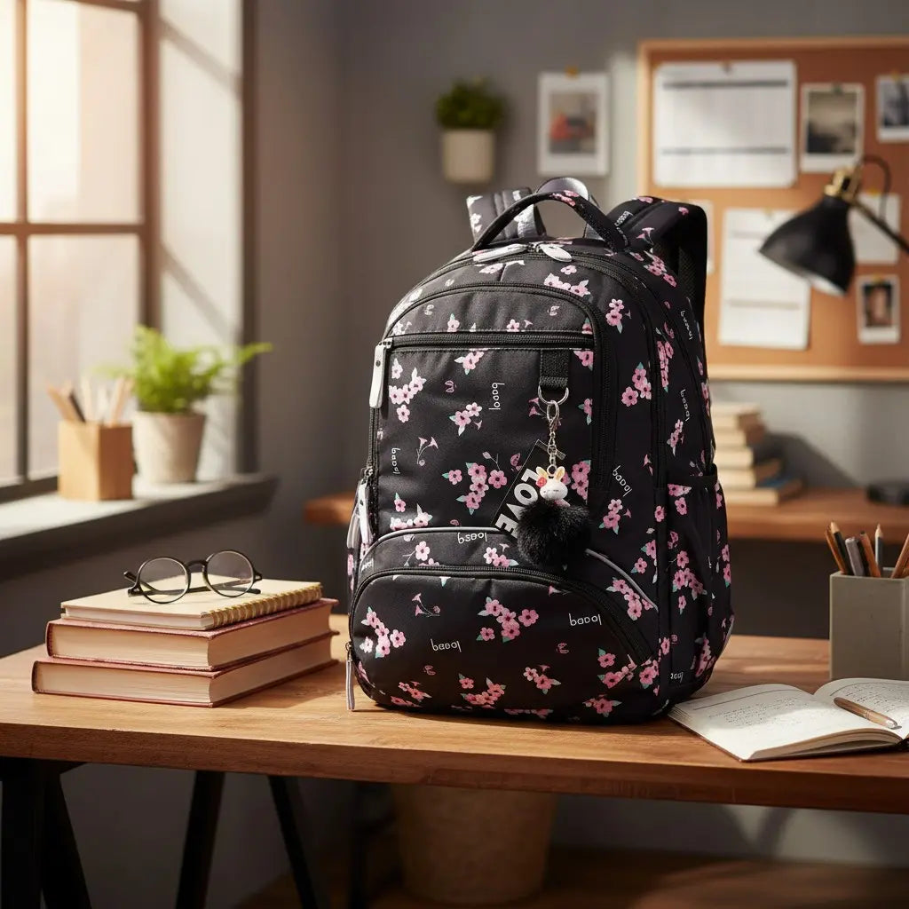 Sac à dos collège noir à fleurs posé sur un bureau avec des livres