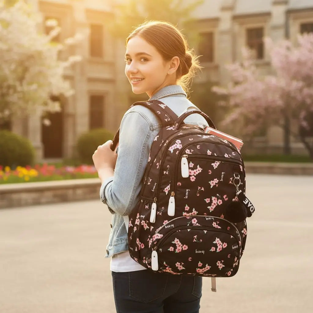 Vue arrière d’un sac à dos collège noir à fleurs porté par une adolescente