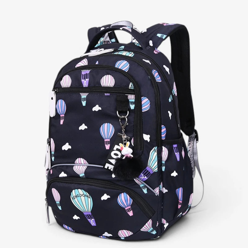 Sac à dos collège noir à motifs montgolfières avec multiples compartiments