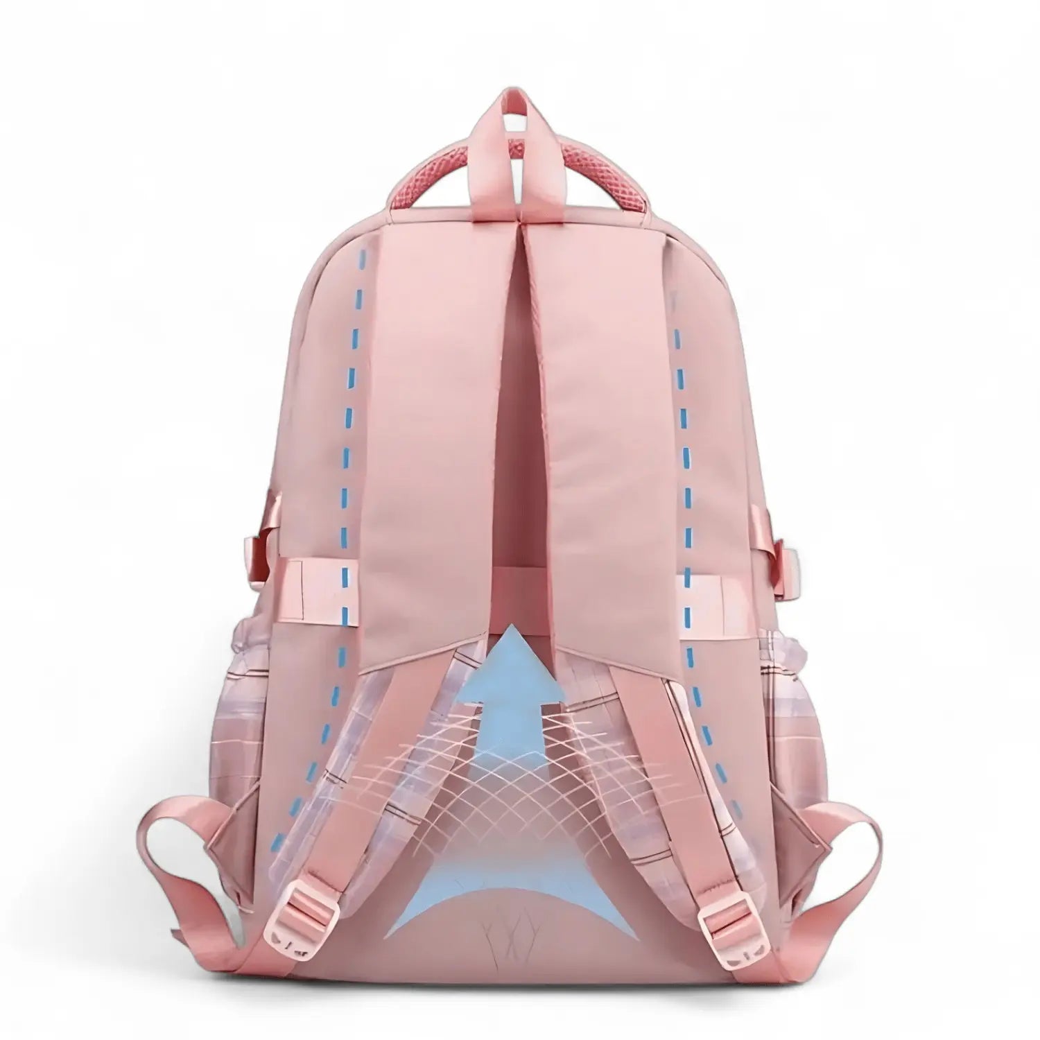 Vue arrière du sac à dos collège rose clair avec bretelles réglables et flèche bleue
