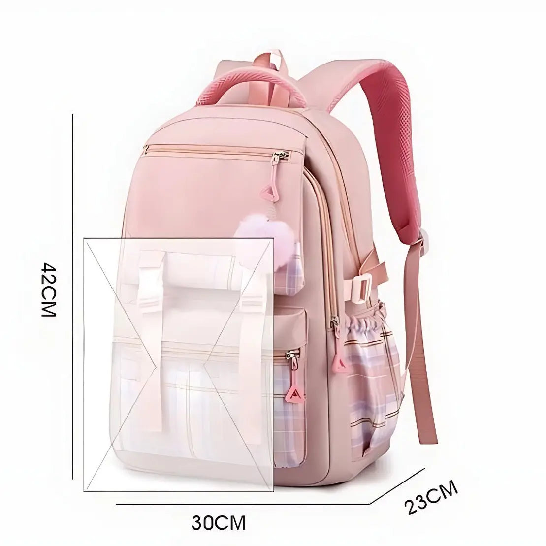 Vue de profil du sac à dos collège rose avec indication des dimensions 42×30×23 cm