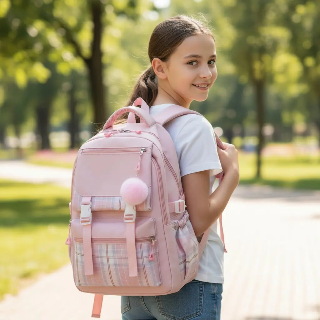 Sac à dos collège rose porté à l’épaule par une adolescente