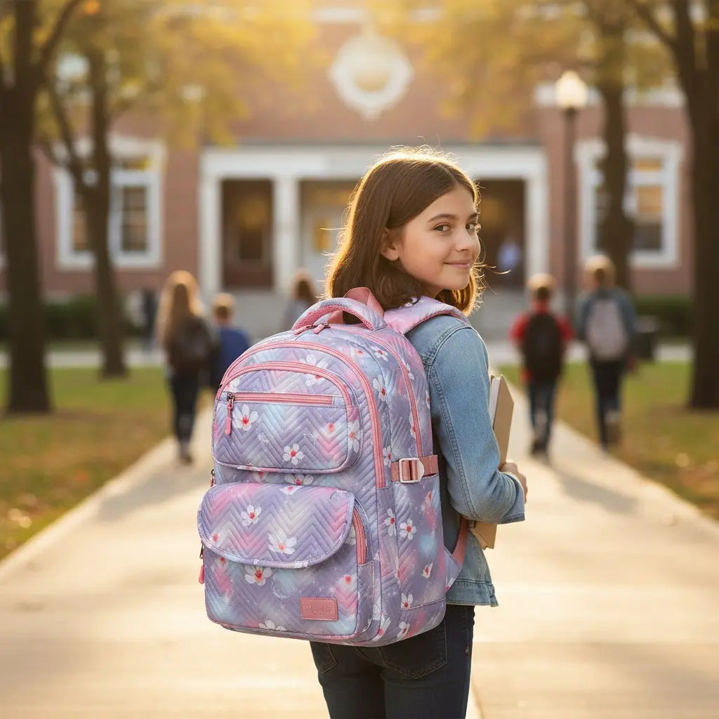 Jeune fille portant un sac à dos collège rose et violet ergonomique devant un établissement scolaire
