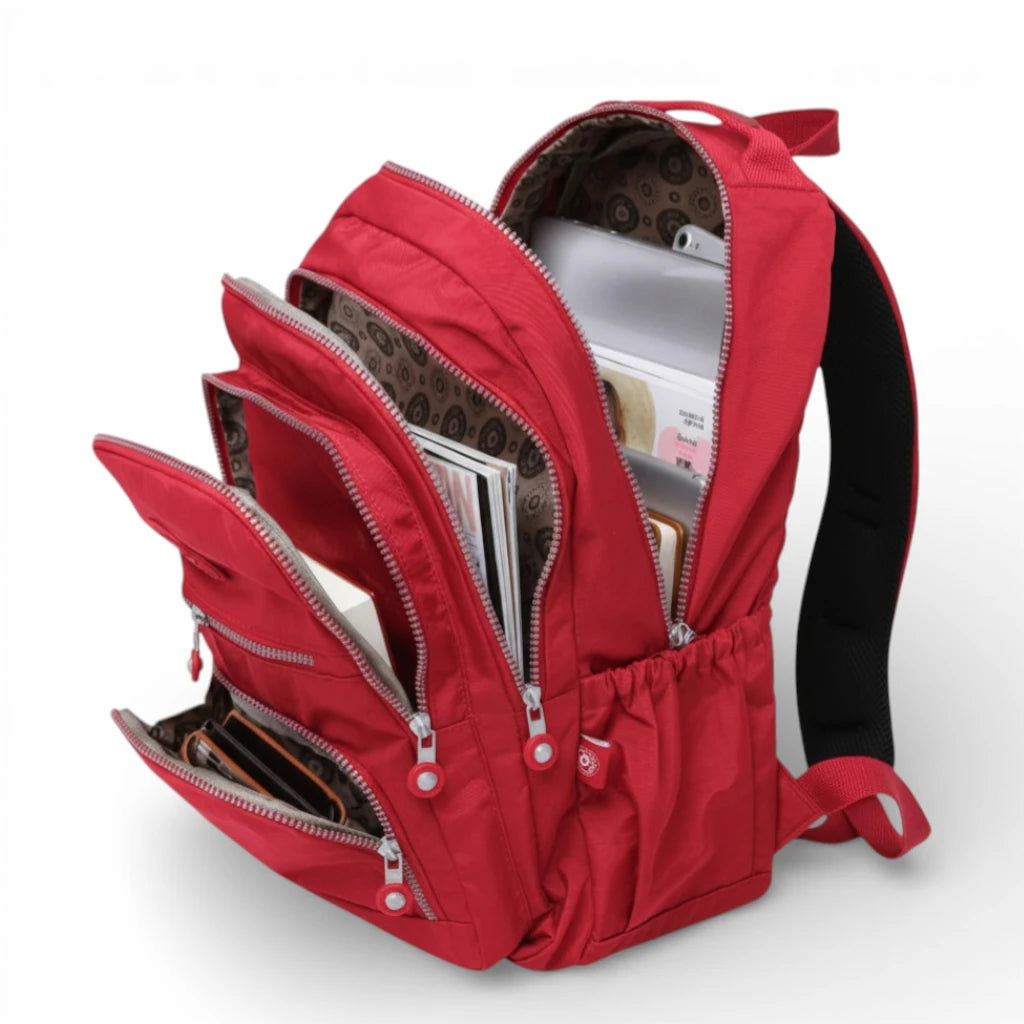 Sac à dos collège fille rouge avec compartiments multiples et rangement organisé