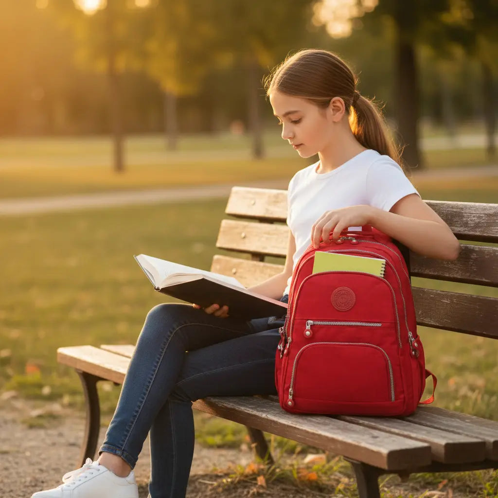 Sac à dos scolaire fille rouge porté assise sur un banc en extérieur