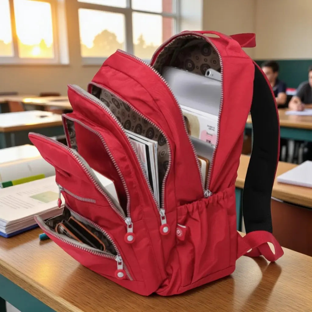 Sac à dos scolaire fille rouge ouvert avec livres et cahiers en salle de classe
