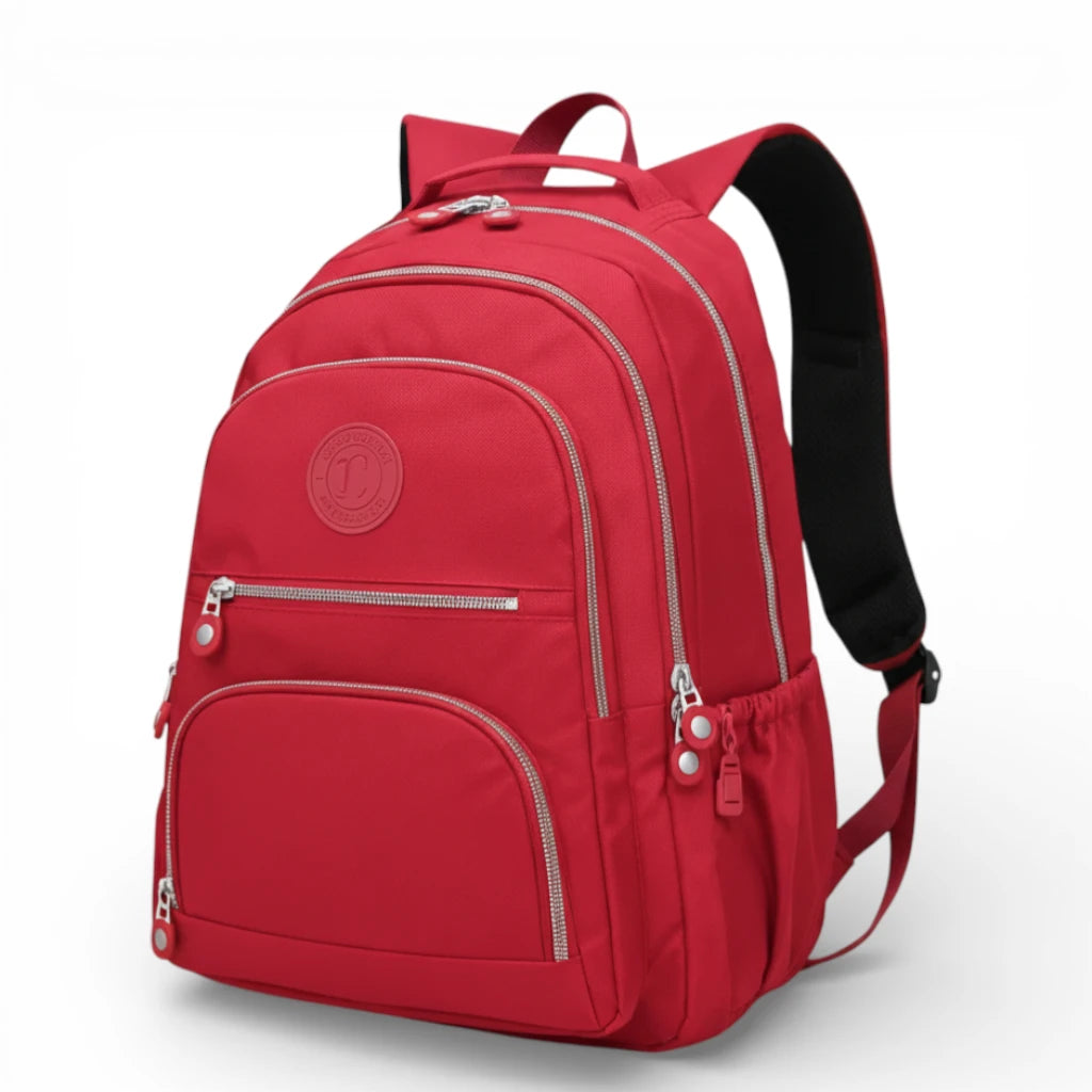 Sac à dos collège fille rouge grande capacité avec poches zippées