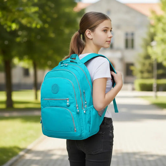 Sac à dos collège fille turquoise grande capacité porté en extérieur