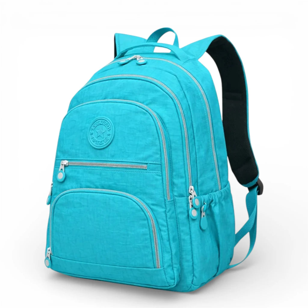 Sac à dos collège fille turquoise grande capacité avec poches zippées