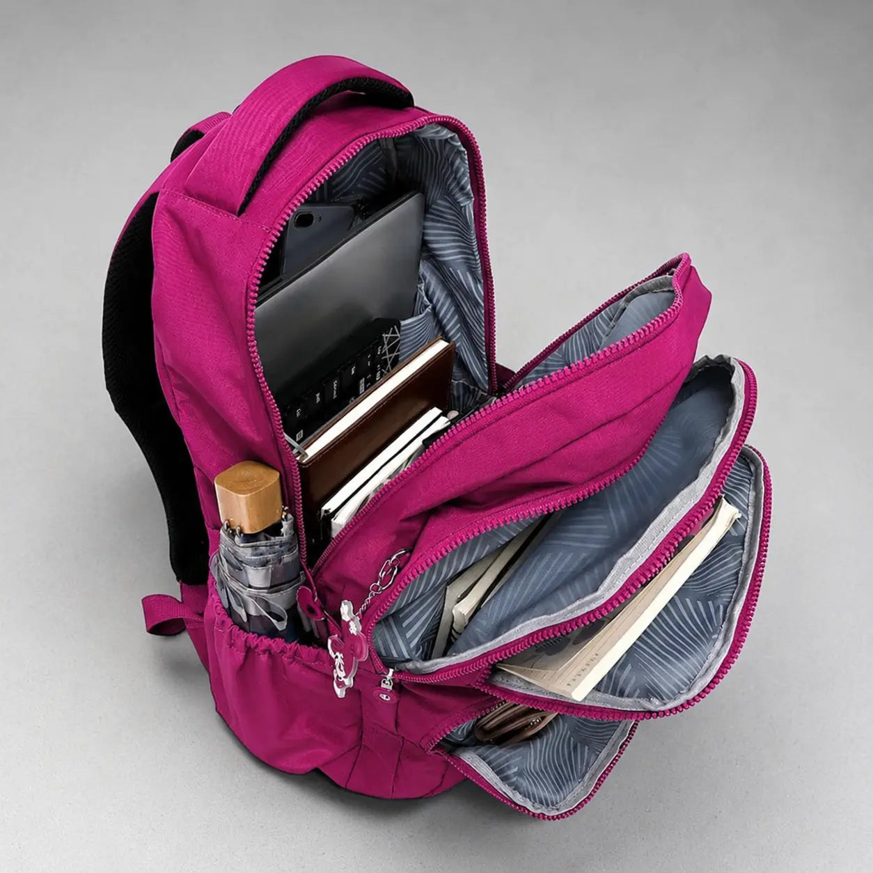 Sac à dos collège fushia avec compartiments multiples et rangement organisé