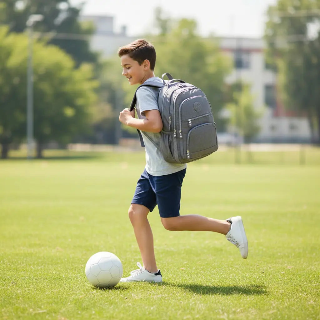 Sac à dos scolaire garçon gris porté en activité extérieure